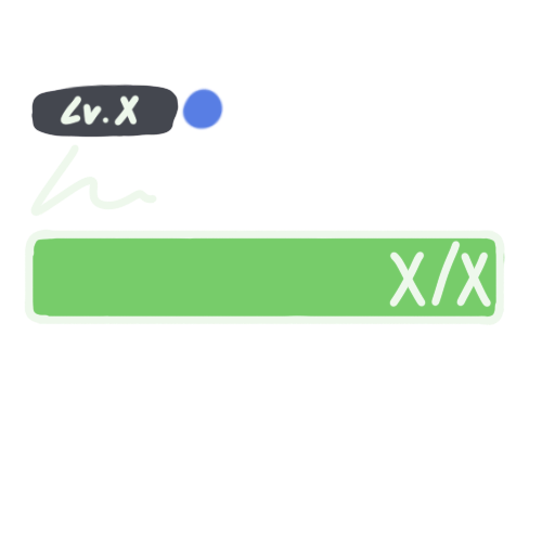 A full, green bar with the text 'X/X' on the far right, with a small info box above the left half, the upper portion reading 'LV. X' next to a blue dot, and the under portion having a scribble.
